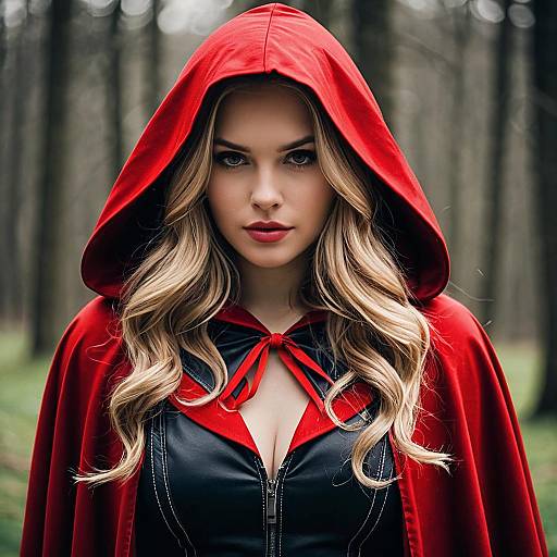 Woman in Red Hooded Cloak in Forest