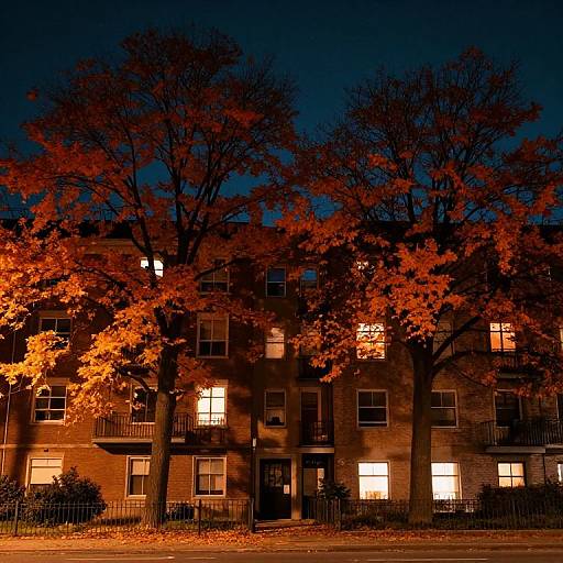 Photograph of a three-story brick apartment building at night with illuminated windows, framed by leafless trees with vibrant orange autumn foliage, casting warm light onto