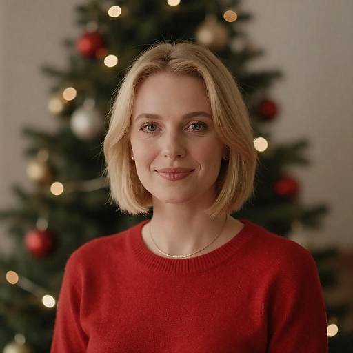 Blonde Woman Smiling by Christmas Tree