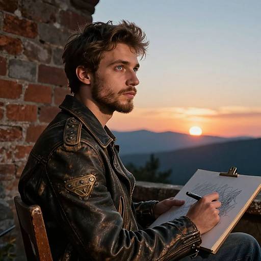 Photograph of a bearded man with tousled brown hair, wearing a dark, worn leather jacket, drawing on a clipboard at sunset, with a