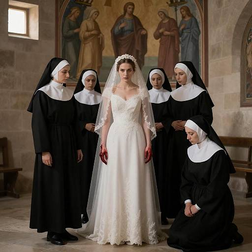 Haunting Bride Surrounded by Nuns