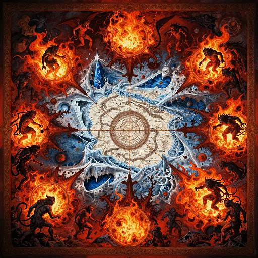 Digital artwork of a fiery, symmetrical mandala with eight blazing orange flames and blue water-like patterns around a central, glowing circle. Black dragon sil