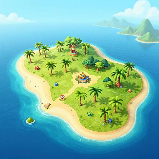 Vibrant digital island scene with palm trees, beach, colorful toys, small hut, and clear blue ocean; overhead view.