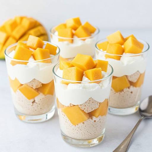 Photograph of four clear glasses filled with layered mousse, topped with bright orange mango cubes, on a white surface.