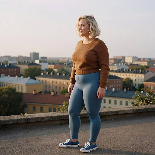 Photograph of a blonde woman with wavy hair, wearing a brown sweater, blue leggings, and blue sneakers, standing on a rooftop with a city
