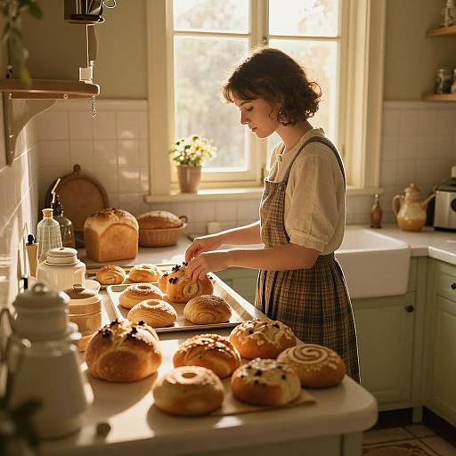 Photograph of a curly-haired woman in a plaid apron, baking in a sunlit kitchen, surrounded by freshly baked bread and pastries.