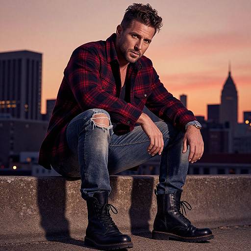 Photograph of a rugged, short-haired man in a red plaid shirt, ripped jeans, and black boots, sitting on a city rooftop at sunset