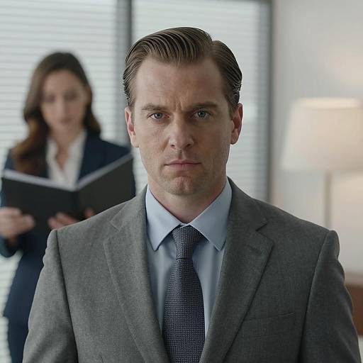 Businessman in Gray Suit with Female Colleague in Office