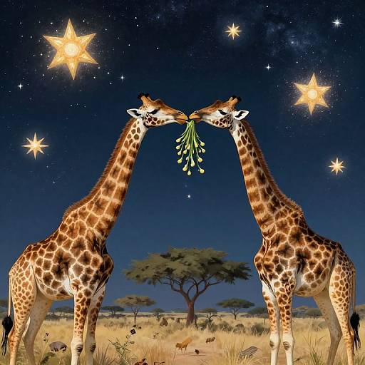 Photograph of two giraffes with patterned brown and white coats, standing under a starry night sky, touching heads with green leaves, in