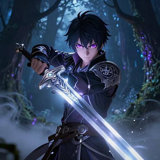 Digital anime-style illustration of a black-haired, purple-eyed warrior in a dark forest, holding a glowing, ornate sword, with mist and glowing blue