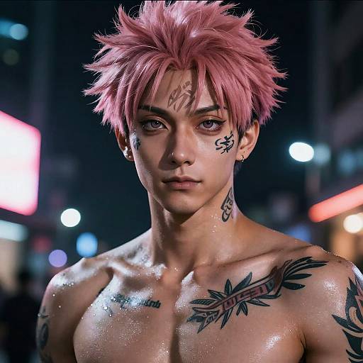 Photorealistic digital portrait of a shirtless, muscular, pink-haired anime boy with tattoos, glowing city lights in the background.