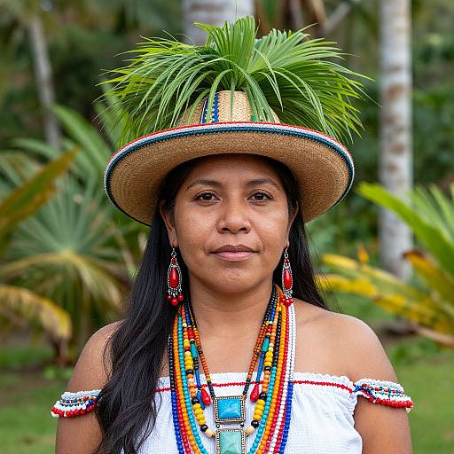 Photograph of a young Indigenous woman with long black hair, wearing a straw hat with green palm fronds, colorful bead necklaces, and an off