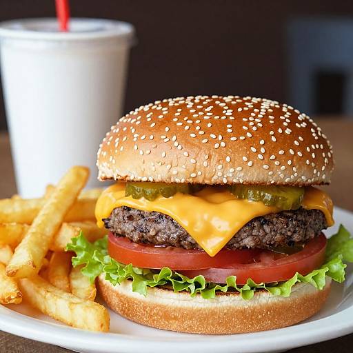 Photograph of a juicy cheeseburger with sesame seed bun, lettuce, tomato, cheese, pickles, and golden fries, with a white cup in