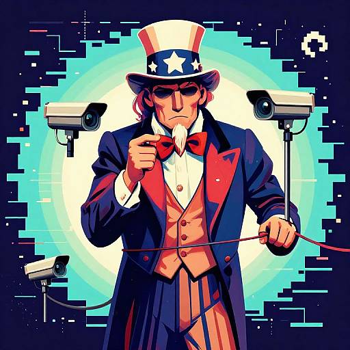 Digital illustration of a stern-faced, red-haired man in a blue top hat with stars, black coat, red bowtie, holding a pointer, surrounded