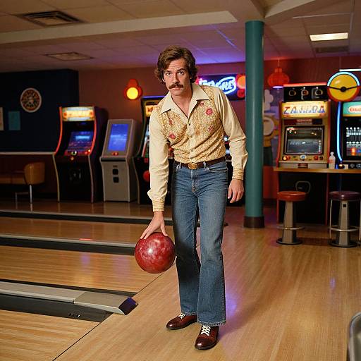 Photograph of a mustached man in a yellow shirt and blue jeans holding a red bowling ball in a brightly lit bowling alley.