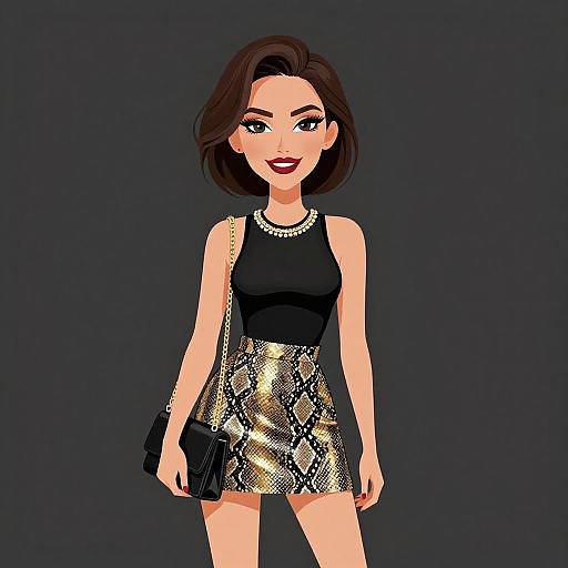 Digital illustration of a stylish woman with short brown hair, wearing a black sleeveless top, gold snake-print skirt, black clutch, and pearl necklace,