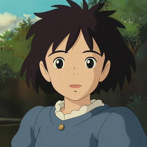 Anime-style drawing of a young boy with black spiky hair, large eyes, light skin, wearing a blue shirt with a white collar and gold button