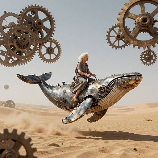 Steampunk-style CGI image of an elderly man riding a metallic, gear-adorned whale through a sandy desert with floating gears.