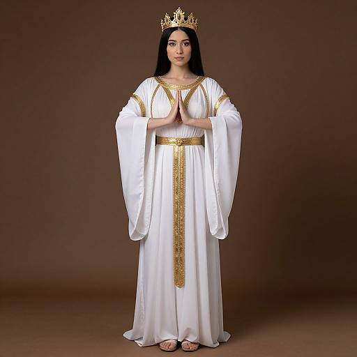 Photograph of a fair-skinned woman with long black hair, wearing a gold crown, white robe with gold trim, and sandals, standing against a