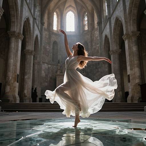 Photograph of a woman in a flowing white dress dancing in a sunlit, Gothic cathedral with tall arches and stone columns.