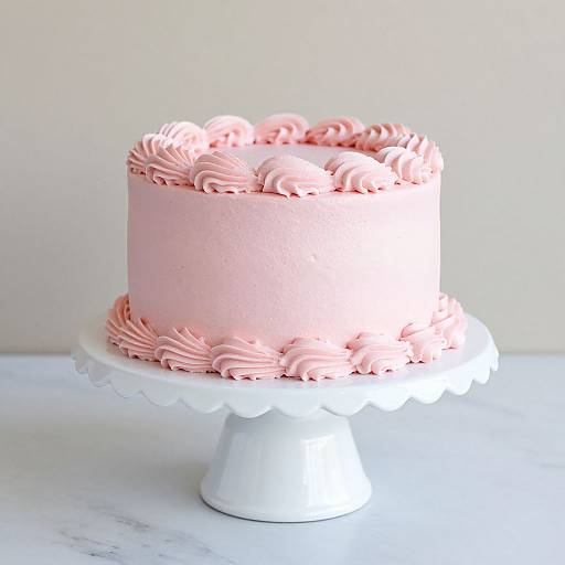 Photograph of a pink, round cake with piped frosting on top and bottom, displayed on a white, scalloped-edge cake stand against a