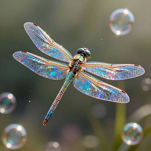 Photograph of a vibrant, iridescent dragonfly with sparkling blue and gold wings, surrounded by glowing water droplets in soft, blurred green background
