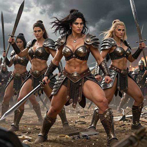 Photorealistic CGI of three muscular, armored warrior women with swords, in a battlefield with dark clouds and scattered debris.