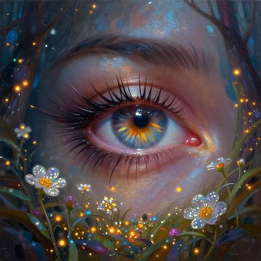 Digital painting of a vivid blue eye with yellow iris, surrounded by glowing flowers and fireflies, blending surrealism and fantasy.