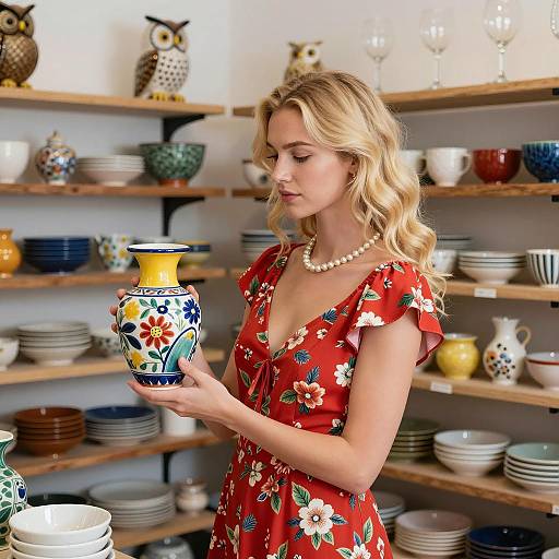 Woman in Red Dress Holding Decorative Vase in Pottery Shop