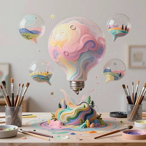 Photograph of a surreal art table with swirling pastel paints, floating light bulb bubbles, and paintbrushes, set in a bright, airy room