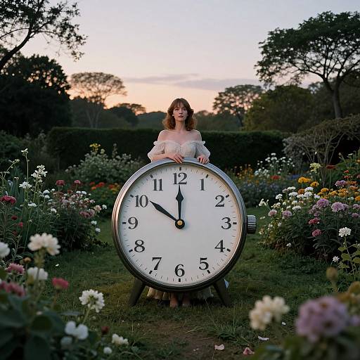 Photograph of a smiling woman in a white off-shoulder dress standing behind a large, upright clock in a colorful, blooming garden at sunset
