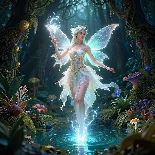 Digital fantasy artwork of a radiant fairy queen with glowing wings, white dress, and crown, holding a magical flame, standing in a luminescent forest