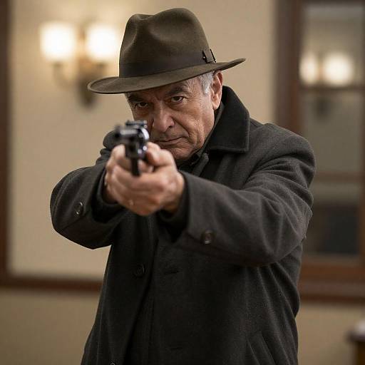 Old Man Aiming Revolver Indoors