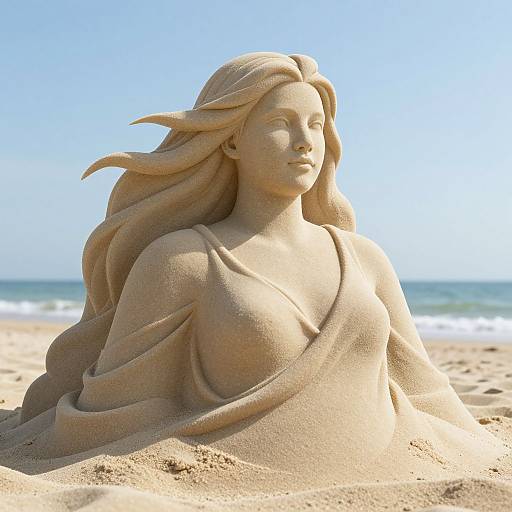 Photograph of a detailed sand sculpture of a serene, long-haired woman with flowing drapery, set on a sunny beach with clear blue sky and