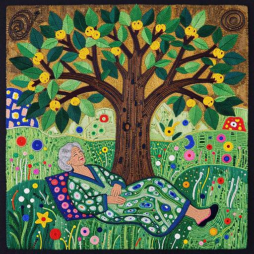 Embroidered Elderly Woman Under Tree of Life