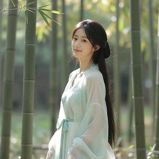 Photograph of an East Asian woman with long black hair, wearing a sheer white robe, standing in a sunlit bamboo forest.