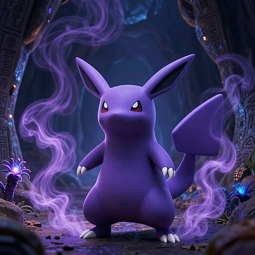 CGI image of a blue, cartoonish, rabbit-like creature with large ears and glowing eyes, standing in a mystical, cave-like environment with swirling