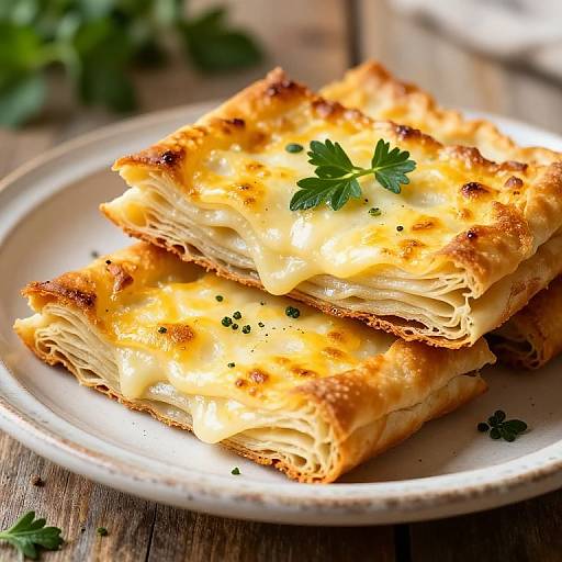 Photograph of two golden-brown, cheese-topped, layered pastry slices on a white plate, garnished with a fresh parsley leaf, set on