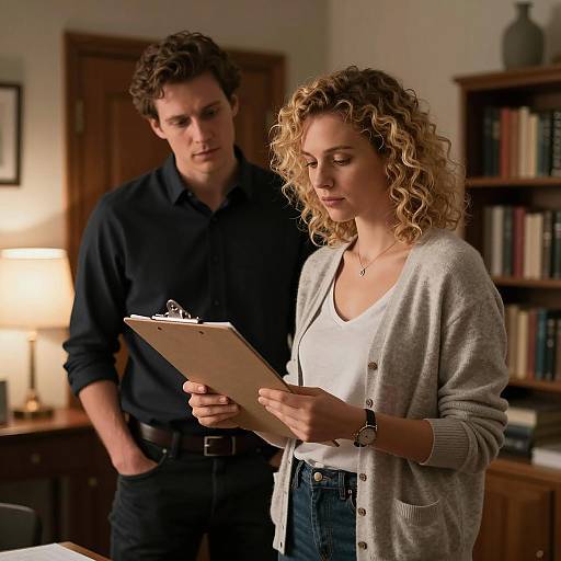 Two People Reviewing Documents in Dimly Lit Room