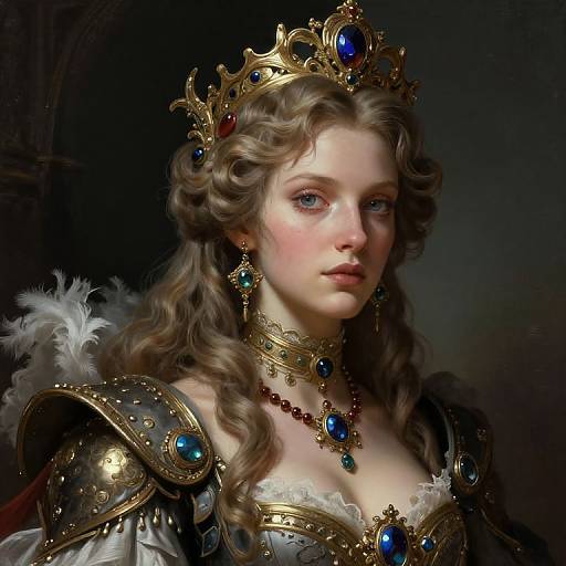 Digital painting of a fair-skinned, blue-eyed queen with wavy brown hair, wearing an ornate gold crown, blue gemstone jewelry, and
