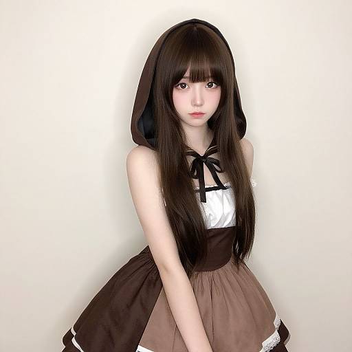 Photograph of a young Asian woman with long black hair, wearing a brown and black Lolita dress with a white blouse, standing against a plain white
