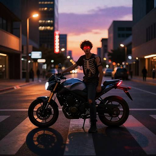 Young Man with Motorcycle at Sunset on City Crosswalk