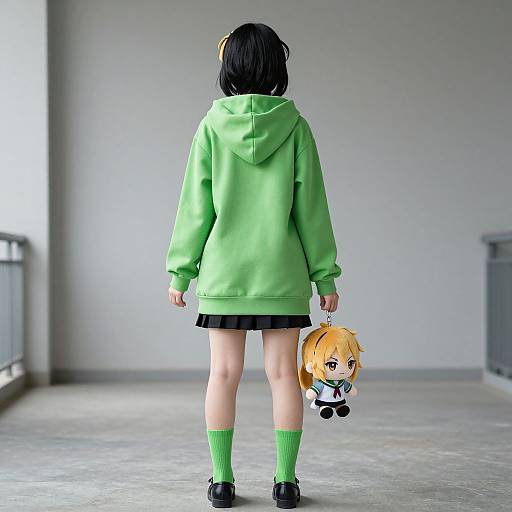 Photograph of a young girl in a green hoodie, black skirt, and green socks, holding a chibi-style orange-haired doll, standing in a