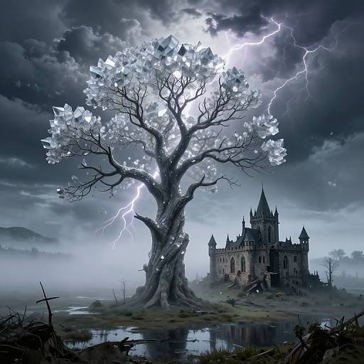 Mysterious, stormy landscape with a glowing, lightning-struck tree centered before a dark, Gothic castle reflected in a misty pond. Digital art