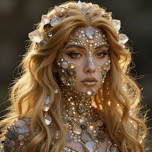 Photograph of a woman with long, wavy blonde hair, wearing an elaborate gold and gemstone face mask, adorned with crystals, against a dark