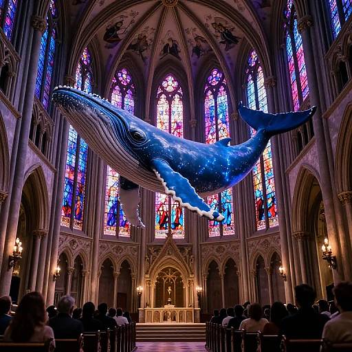 Photograph of a whale sculpture with glowing blue patterns suspended in a grand, stained-glass-filled cathedral, with a congregation seated below.