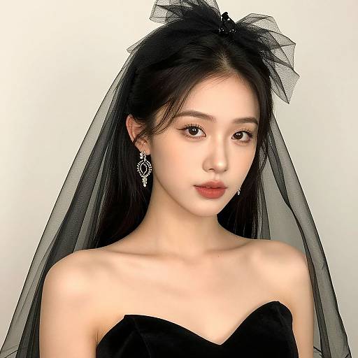 Photorealistic digital portrait of an Asian woman with long black hair, wearing a black strapless dress, veil, and ornate earrings, against a