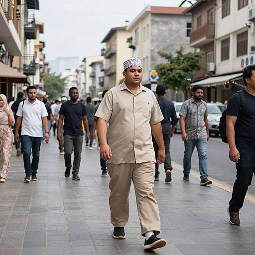 Photograph of a middle-aged man in beige shirt and pants, wearing a white patterned cap, walking down a busy urban street with diverse pedestrians.