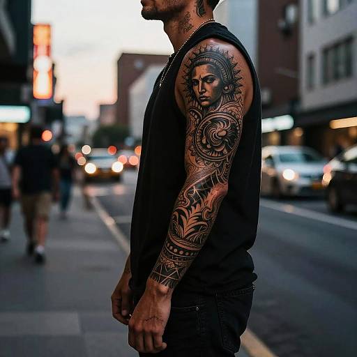 Tattooed Man in Neon Cityscape