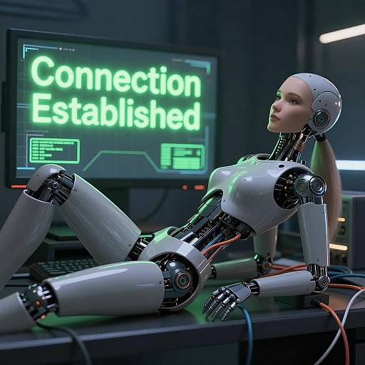 Cyberpunk Android Woman at Desk